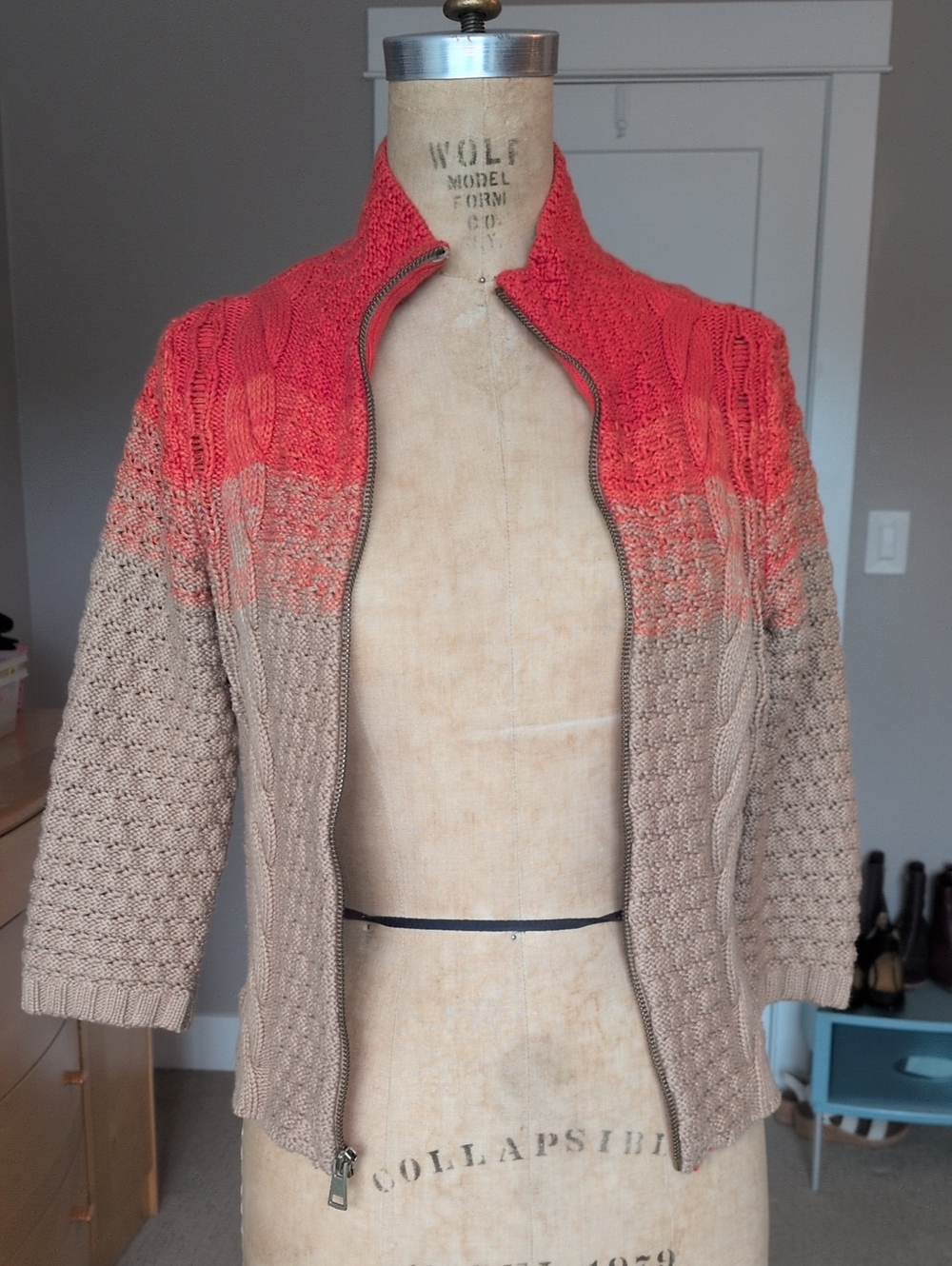 RACHEL Rachel Roy Taupe and Coral Zip-Front Cardigan